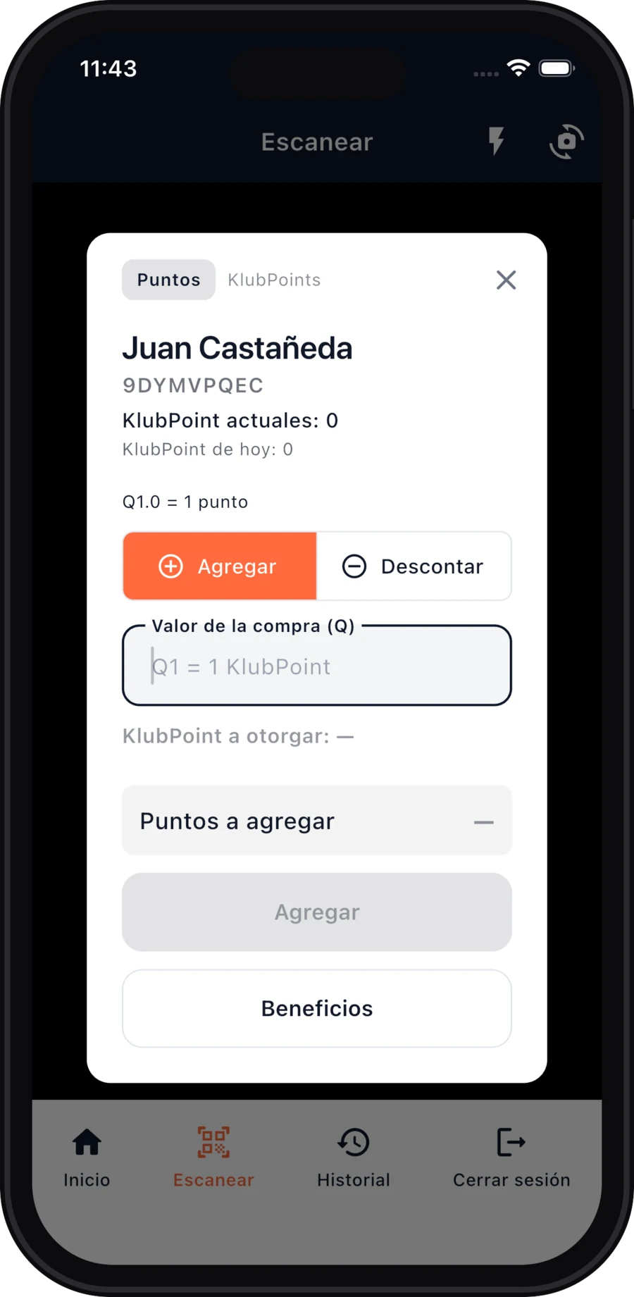 App operativa: ficha del cliente con Agregar o Descontar y el valor de la compra