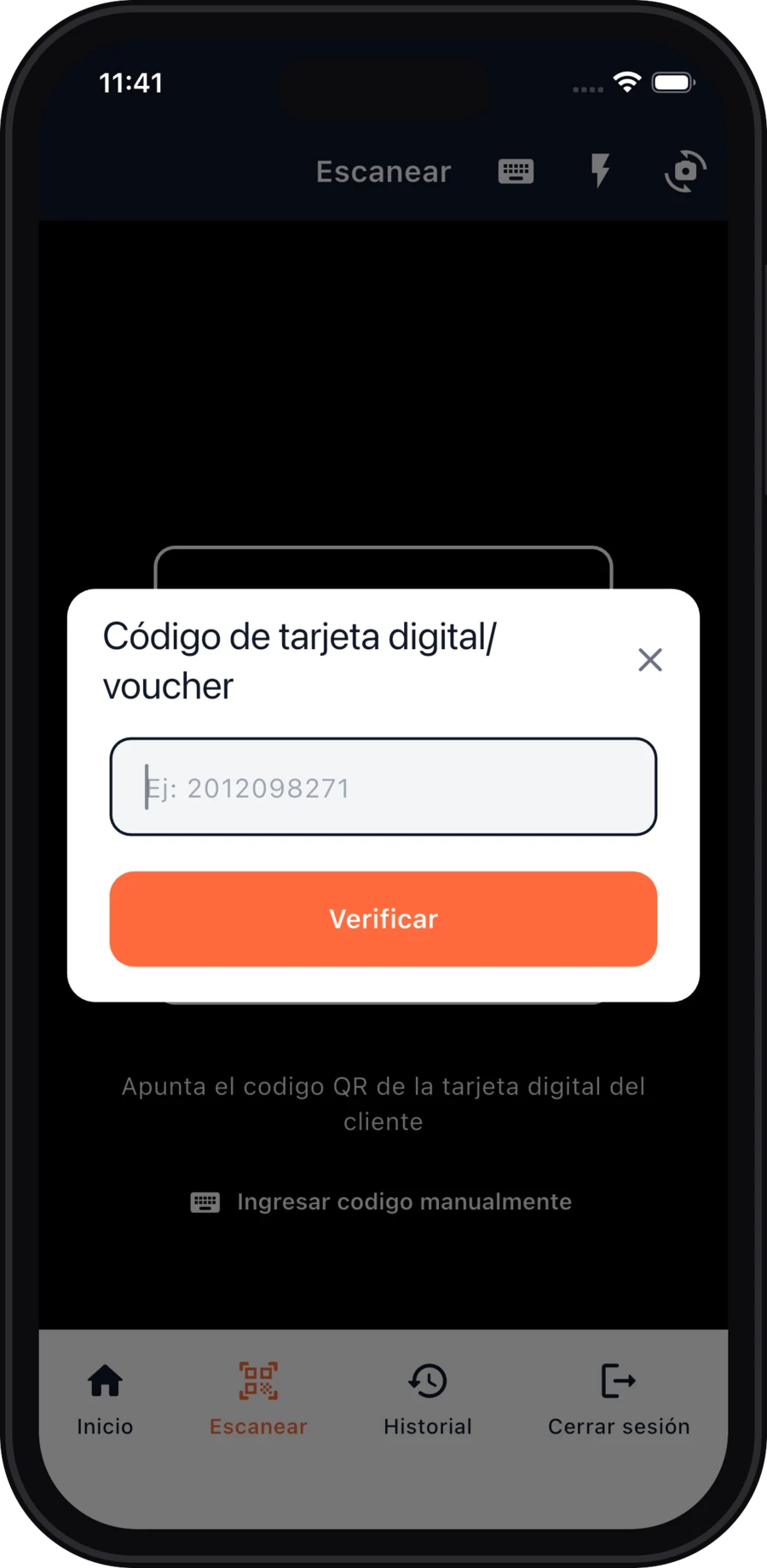 App operativa de Lealklub: ventana «Código de tarjeta digital/voucher» con el botón Verificar