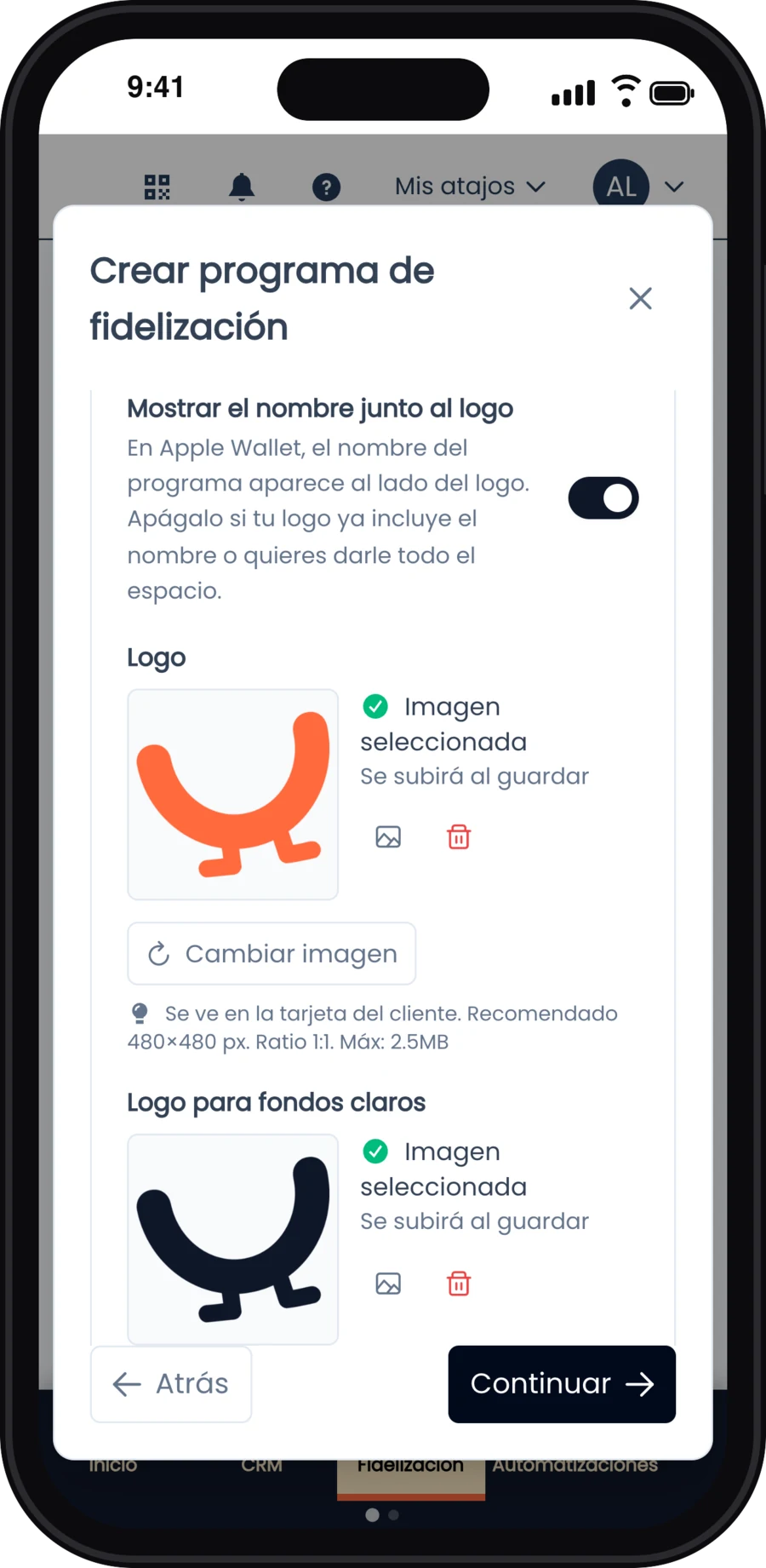 Configuración de tarjeta digital con el logo y el logo para fondos claros cargados