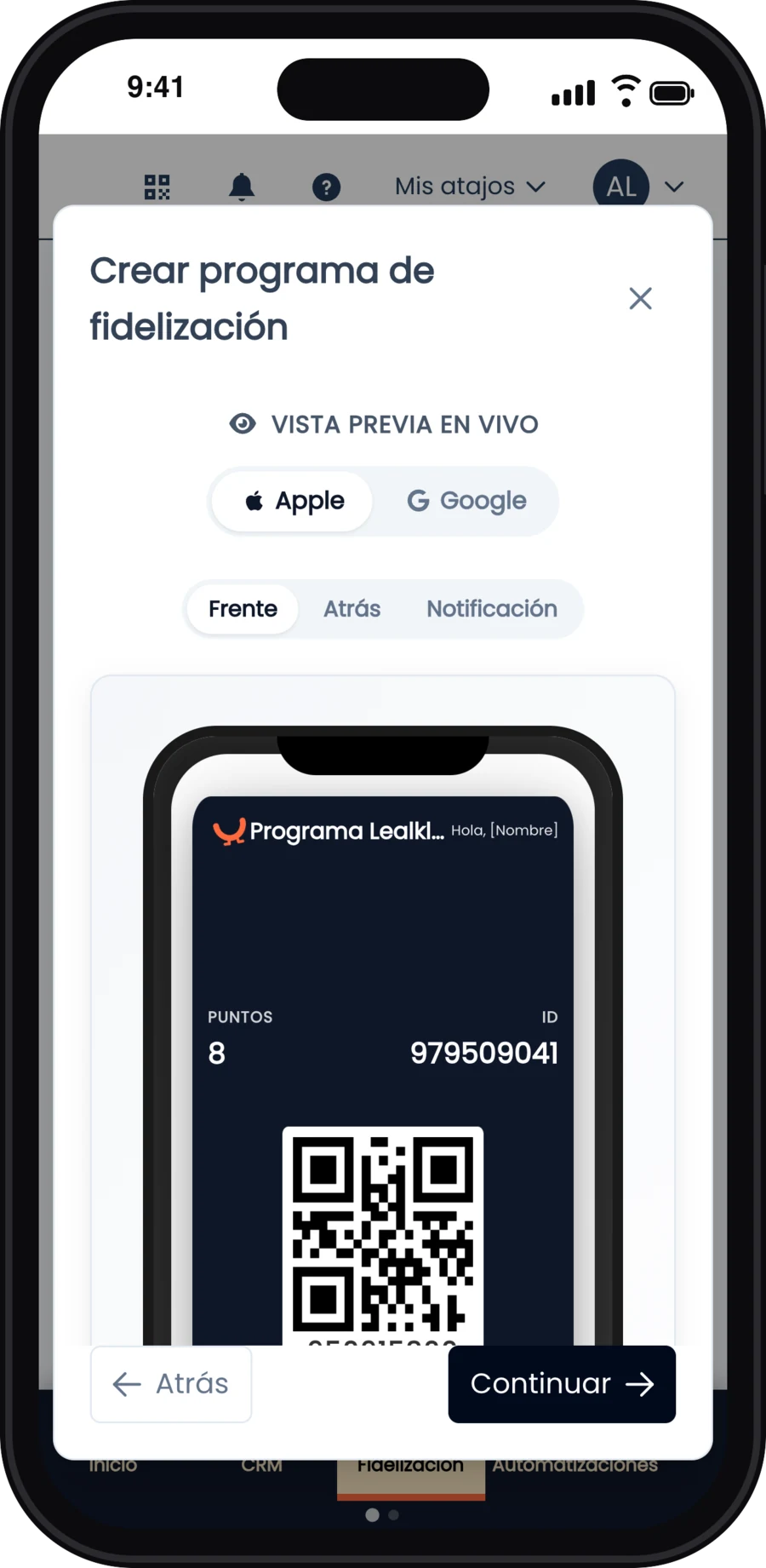 Vista previa en vivo de la tarjeta Puntos Lealklub en Apple Wallet, con el logo, los puntos y el QR