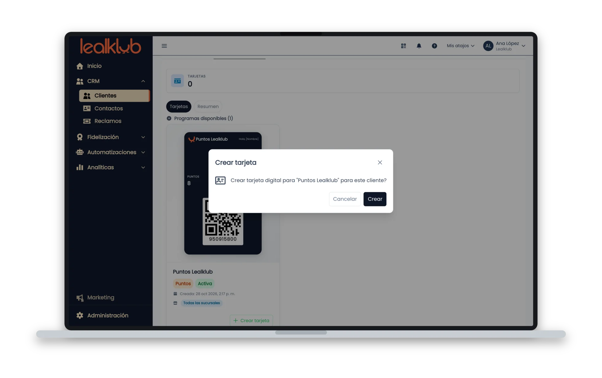 Ficha del cliente, pestaña Fidelización: ventana «Crear tarjeta digital para Puntos Lealklub»