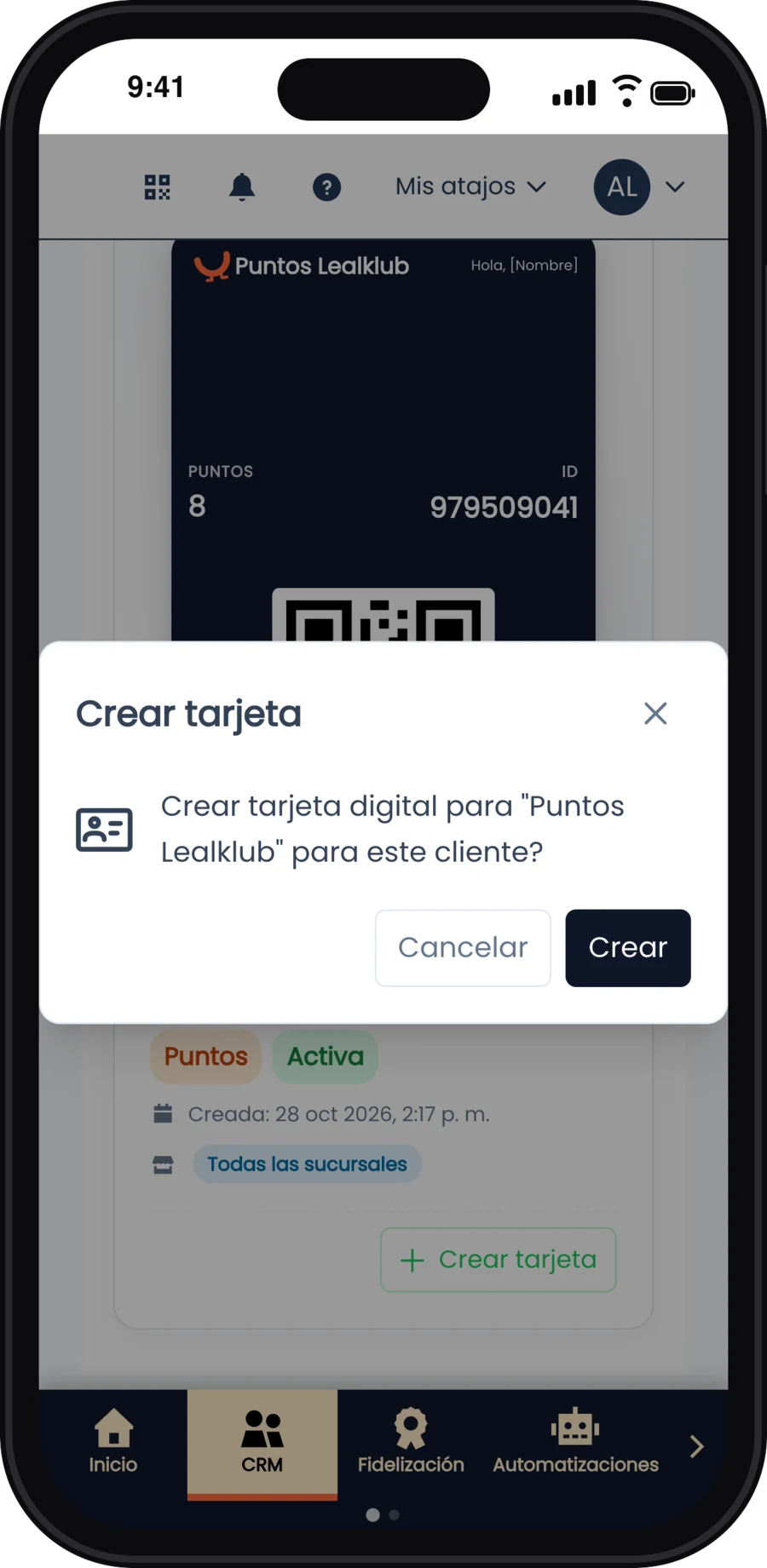 Ventana Crear tarjeta digital para Puntos Lealklub