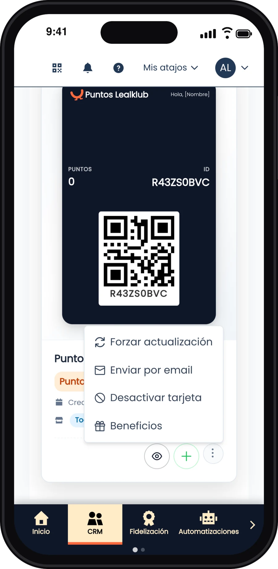 Menú de la tarjeta con Enviar por email