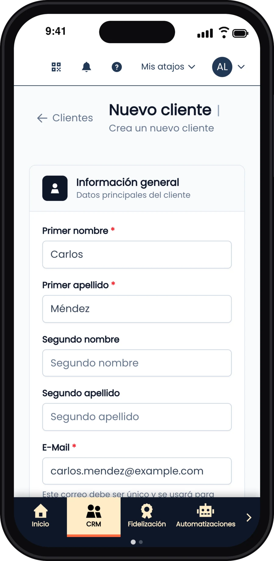 Nuevo cliente en el celular, con nombre, apellido y correo