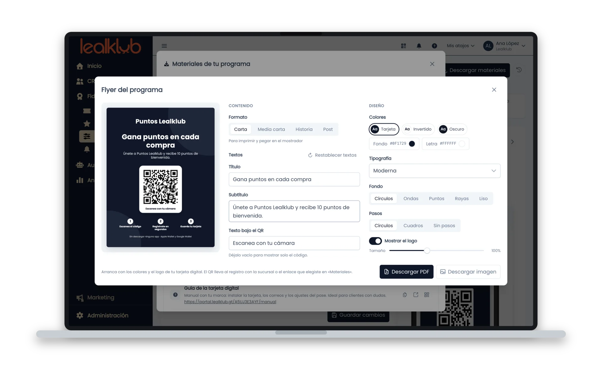 Editor del flyer: formato, textos, colores y vista previa con el QR