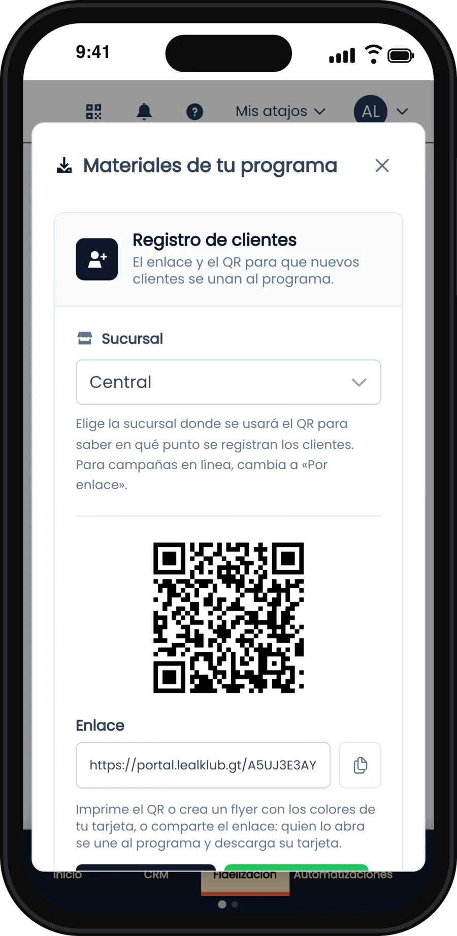 Registro de clientes con QR, enlace y botones Crear flyer, Compartir y Descargar QR