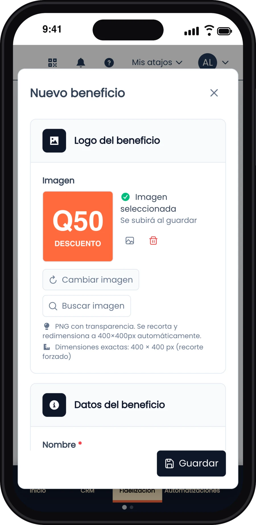 Logo y datos del beneficio Q50 de descuento