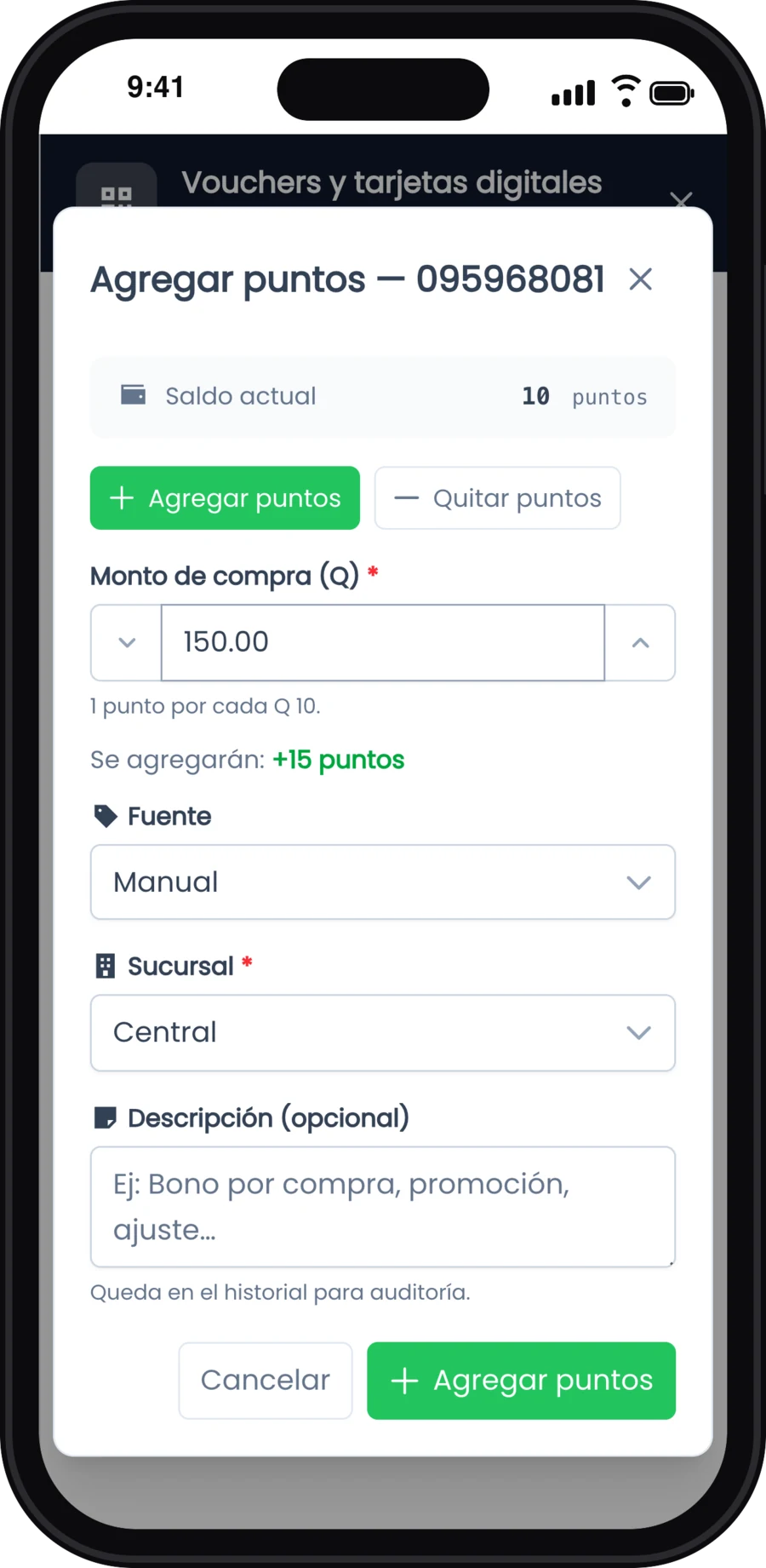 Agregar puntos en el celular: monto de compra Q150, se agregarán 15 puntos