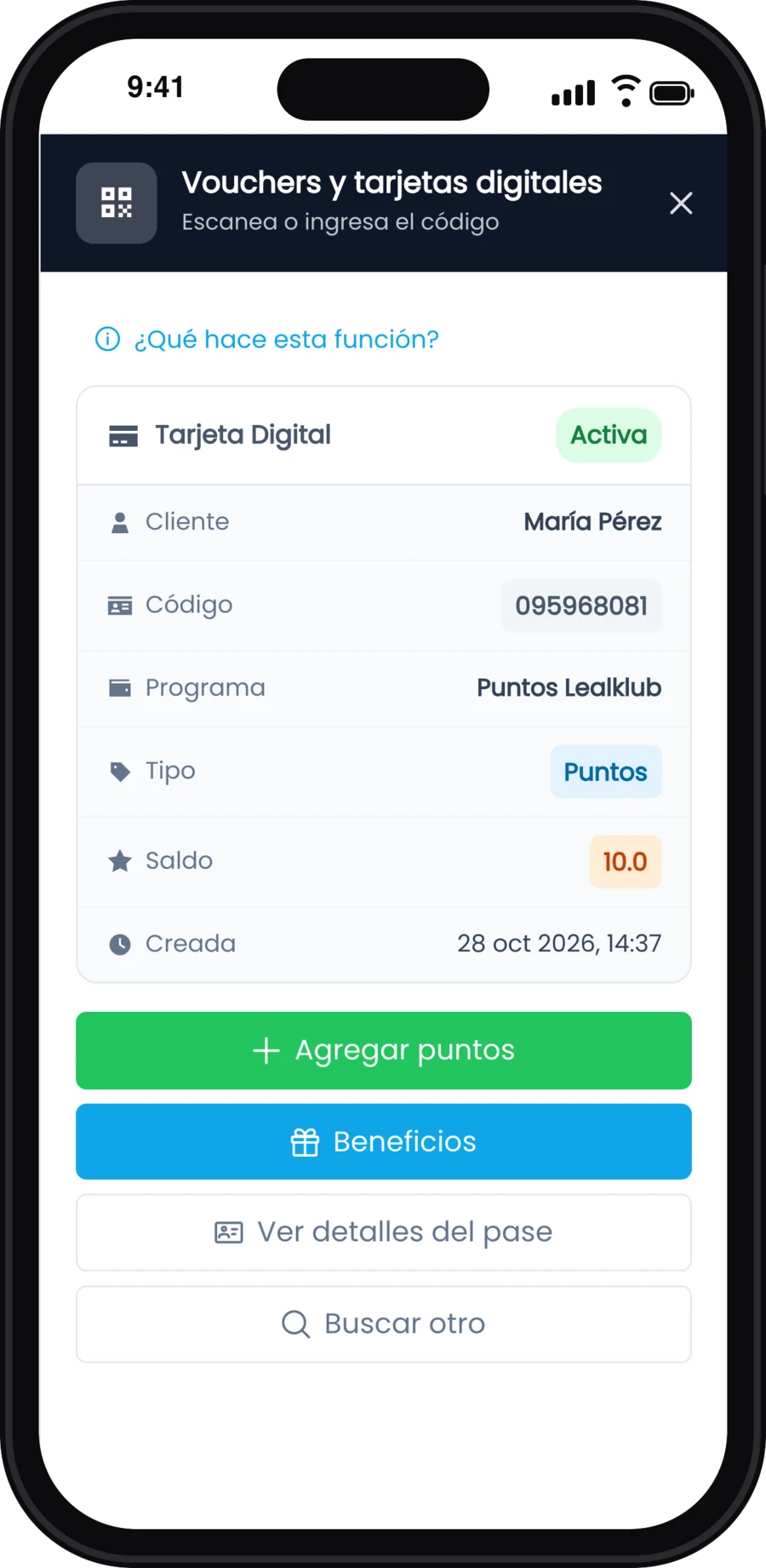 Vouchers y tarjetas digitales en el celular: tarjeta de María Pérez con saldo y Agregar puntos
