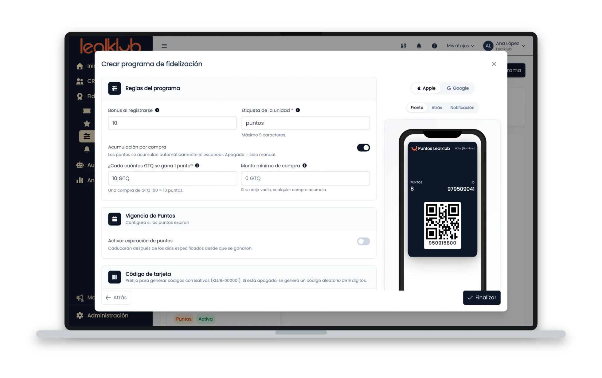 Paso Configuración: bonus de 10 puntos al registrarse y 1 punto por cada 10 GTQ de compra