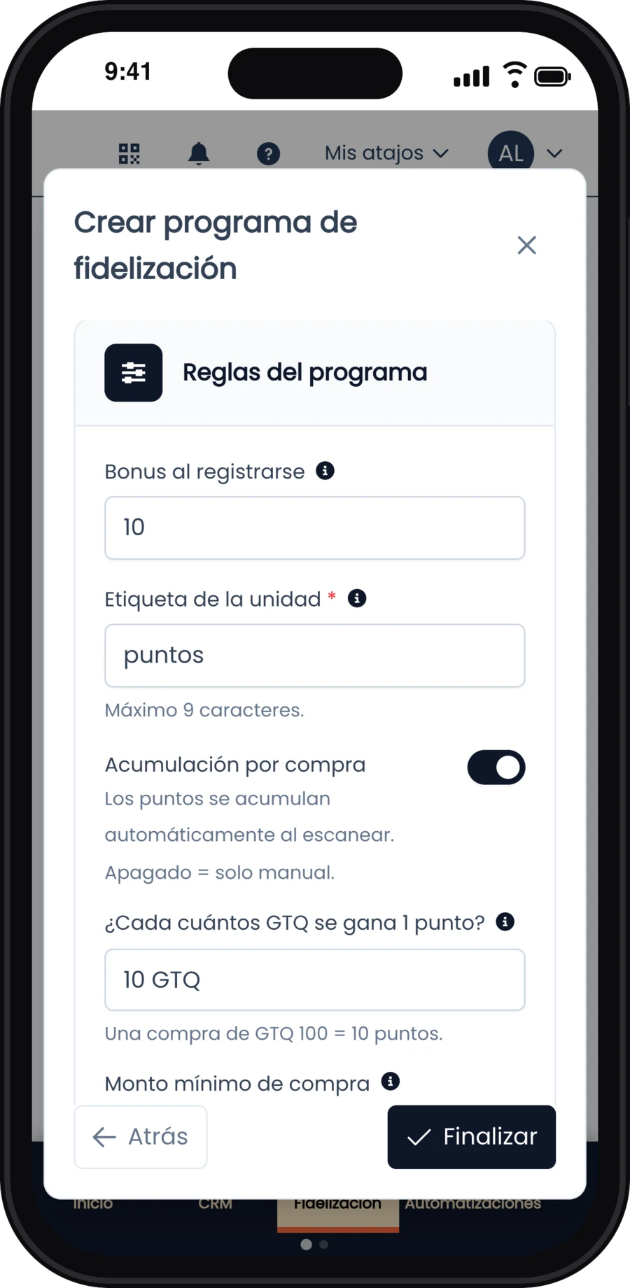 Reglas del programa: bonus de 10 puntos y 1 punto por cada 10 GTQ