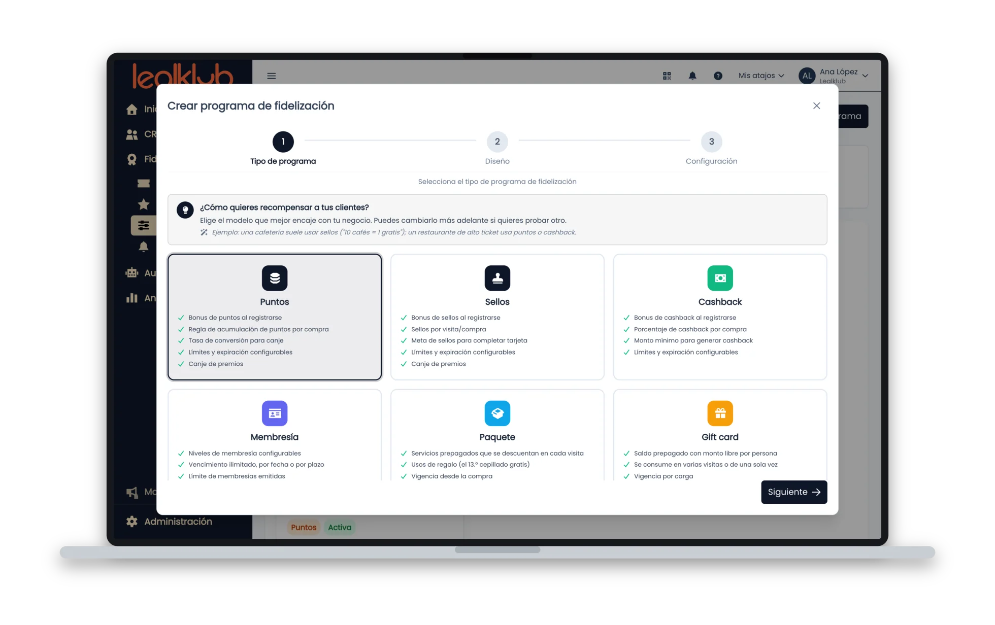 Paso Tipo de programa con seis opciones: Puntos, Sellos, Cashback, Membresía, Paquete y Gift card; Puntos seleccionado