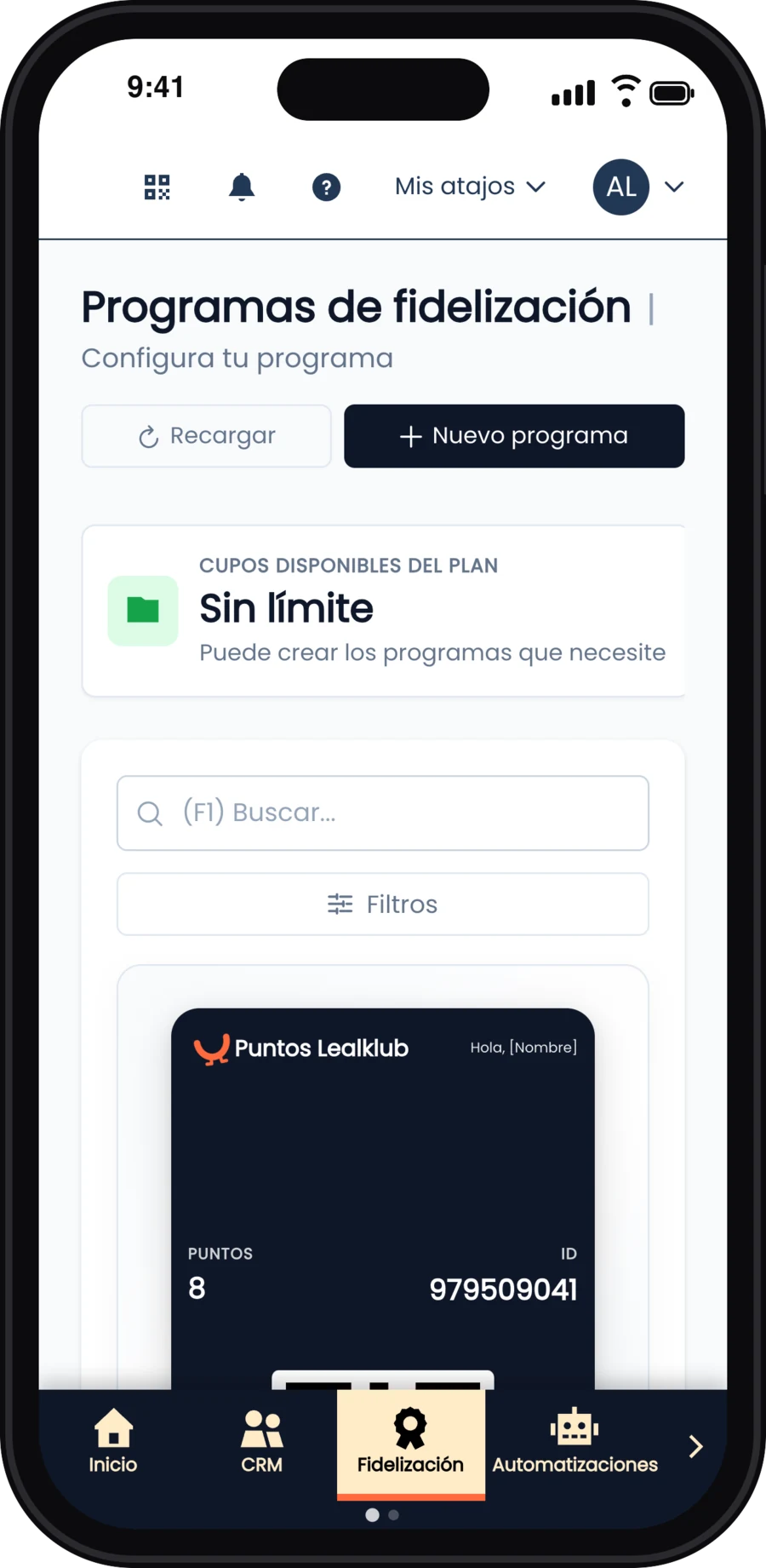 Lista de programas de fidelización con sus tarjetas