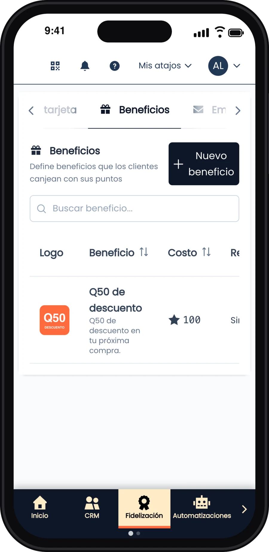 Beneficio Q50 de descuento con costo de 100 puntos
