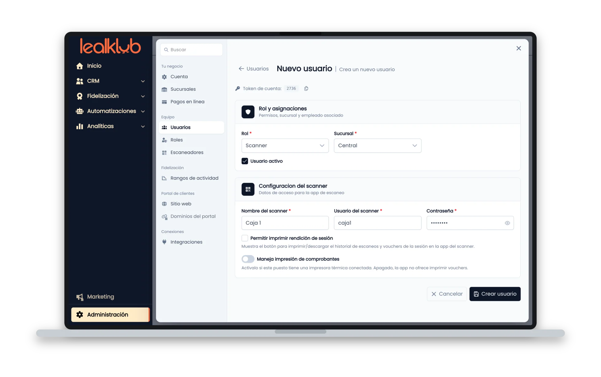 Formulario Nuevo usuario con rol Scanner, sucursal, nombre del scanner «Caja 1» y usuario «caja1»