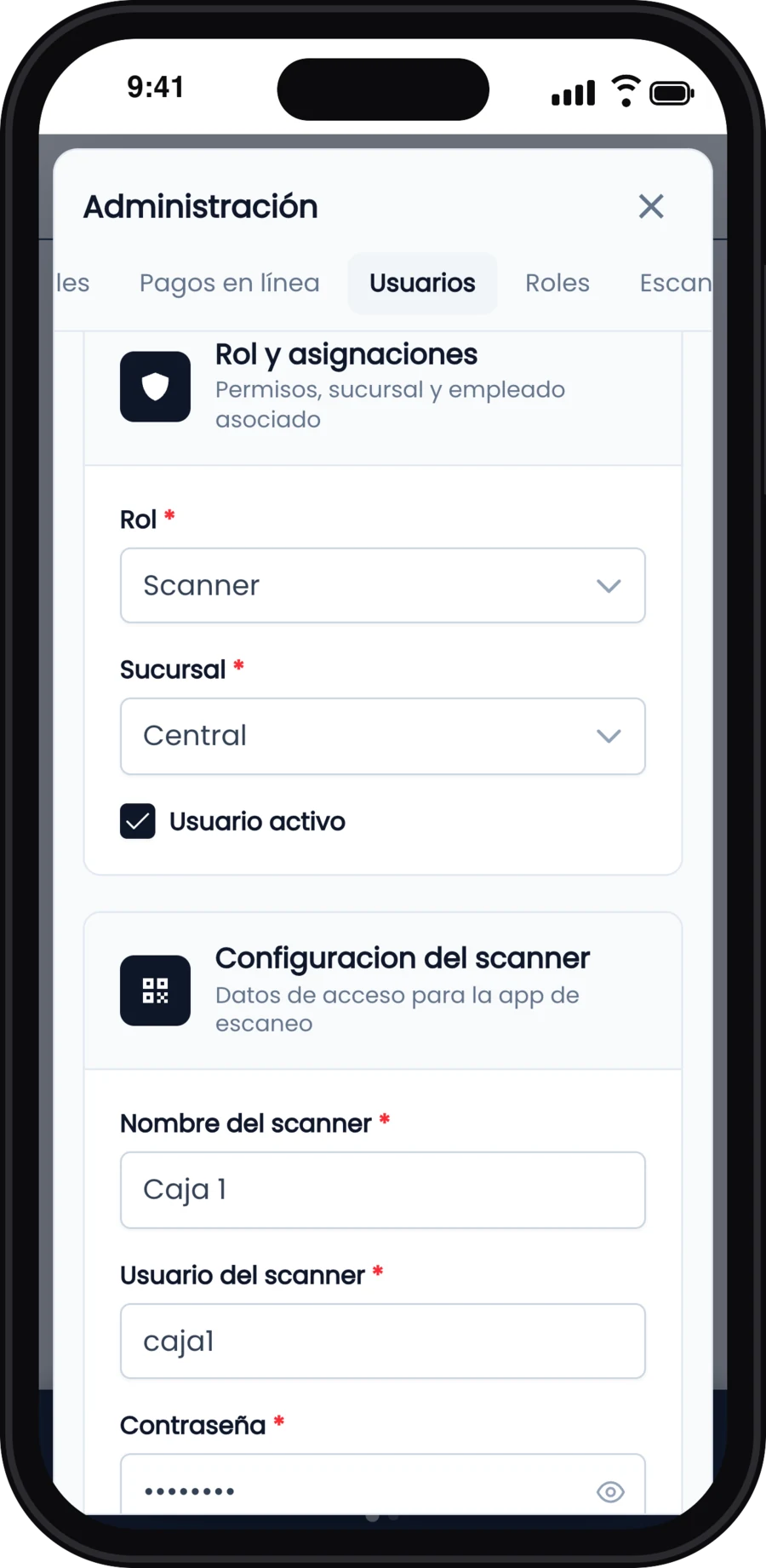 Rol Scanner, sucursal y datos de acceso del scanner