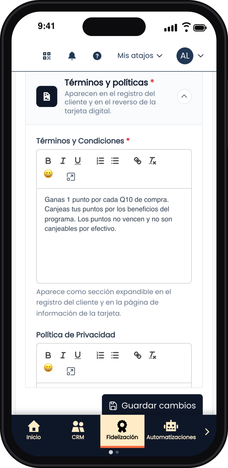 Editor de Términos y Condiciones con el texto del programa