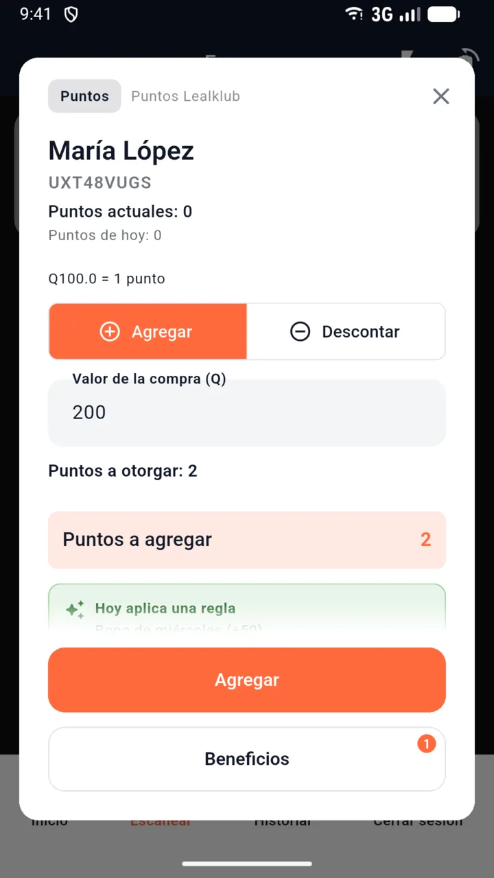 Ficha del cliente con el valor de la compra y los puntos a otorgar