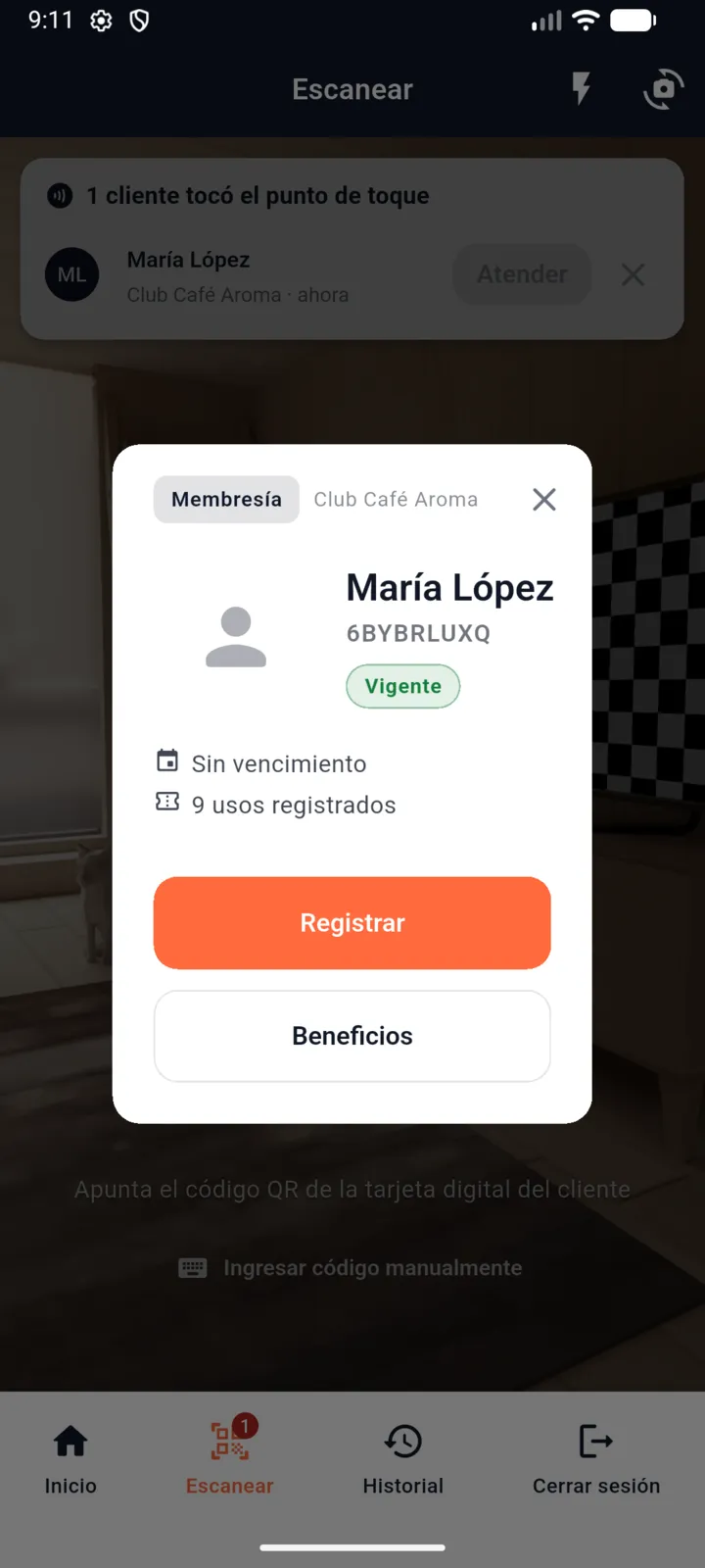 Ficha del cliente en la app del puesto con el botón Registrar