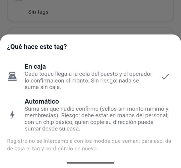 Hoja «¿Qué hace este tag?» con los modos En caja y Automático y el riesgo de cada uno