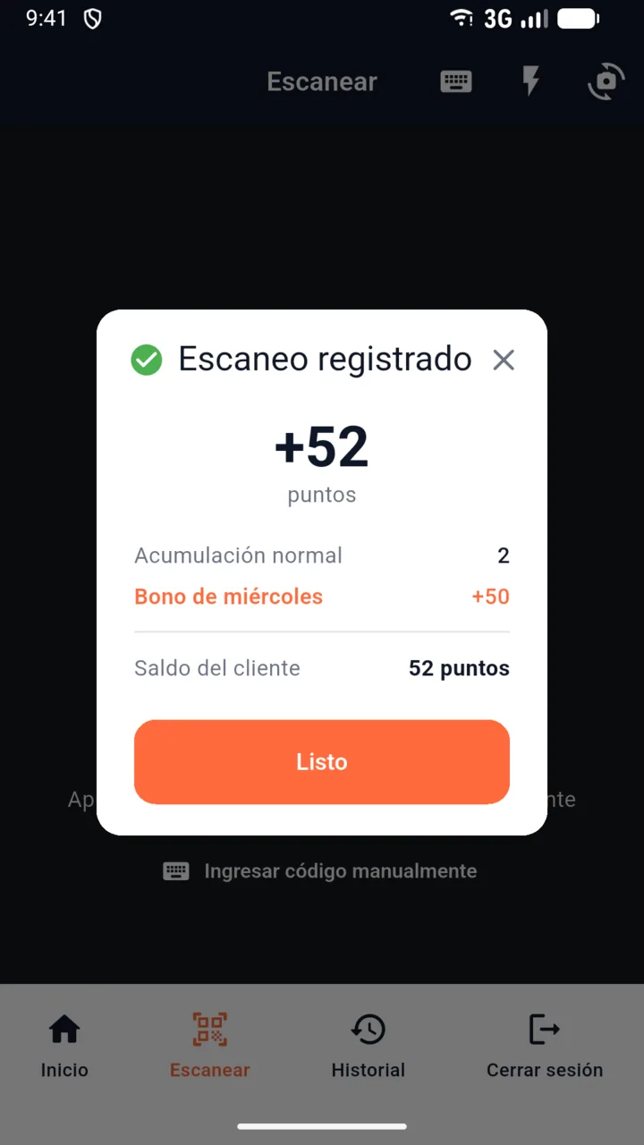 Aviso «Escaneo registrado» con los puntos sumados y el saldo del cliente