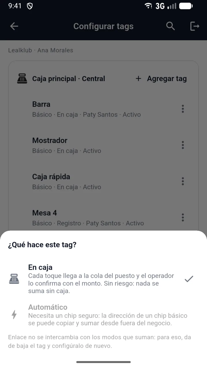 Hoja «¿Qué hace este tag?» con los modos En caja y Automático