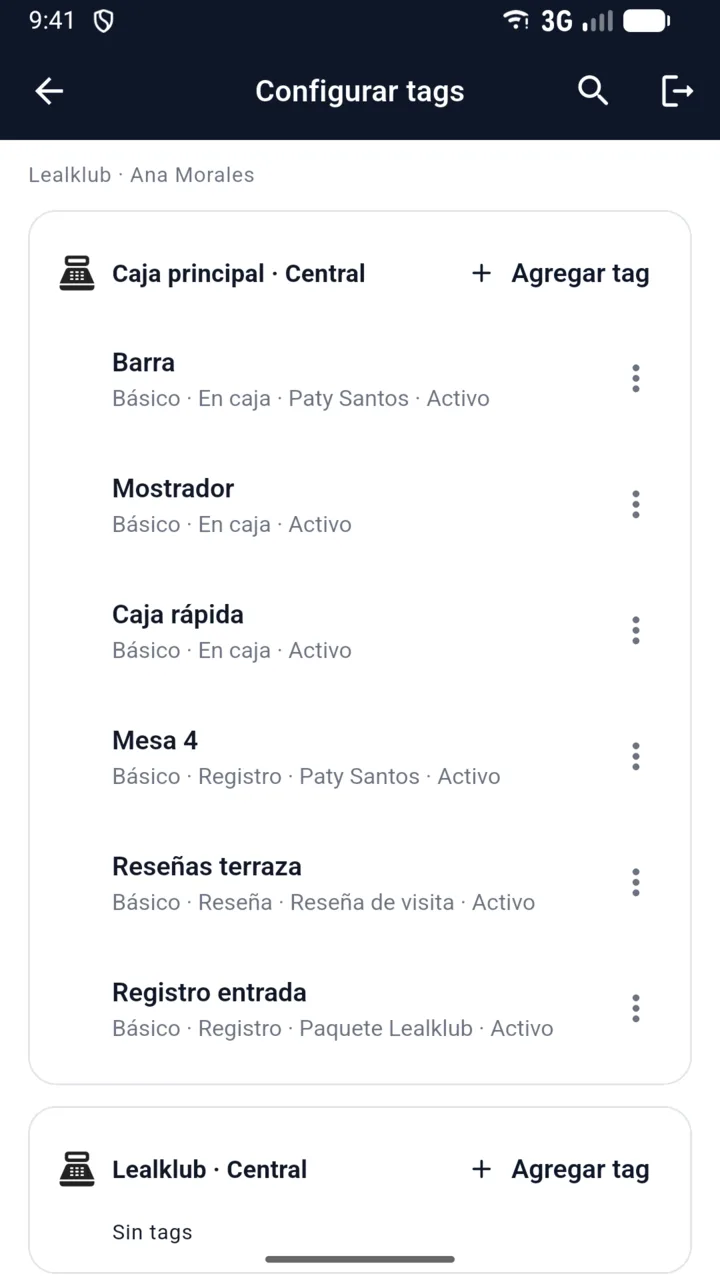 Configurar tags: chips Barra, Mostrador, Caja rápida, Mesa 4, Reseñas terraza y Registro entrada con su modo