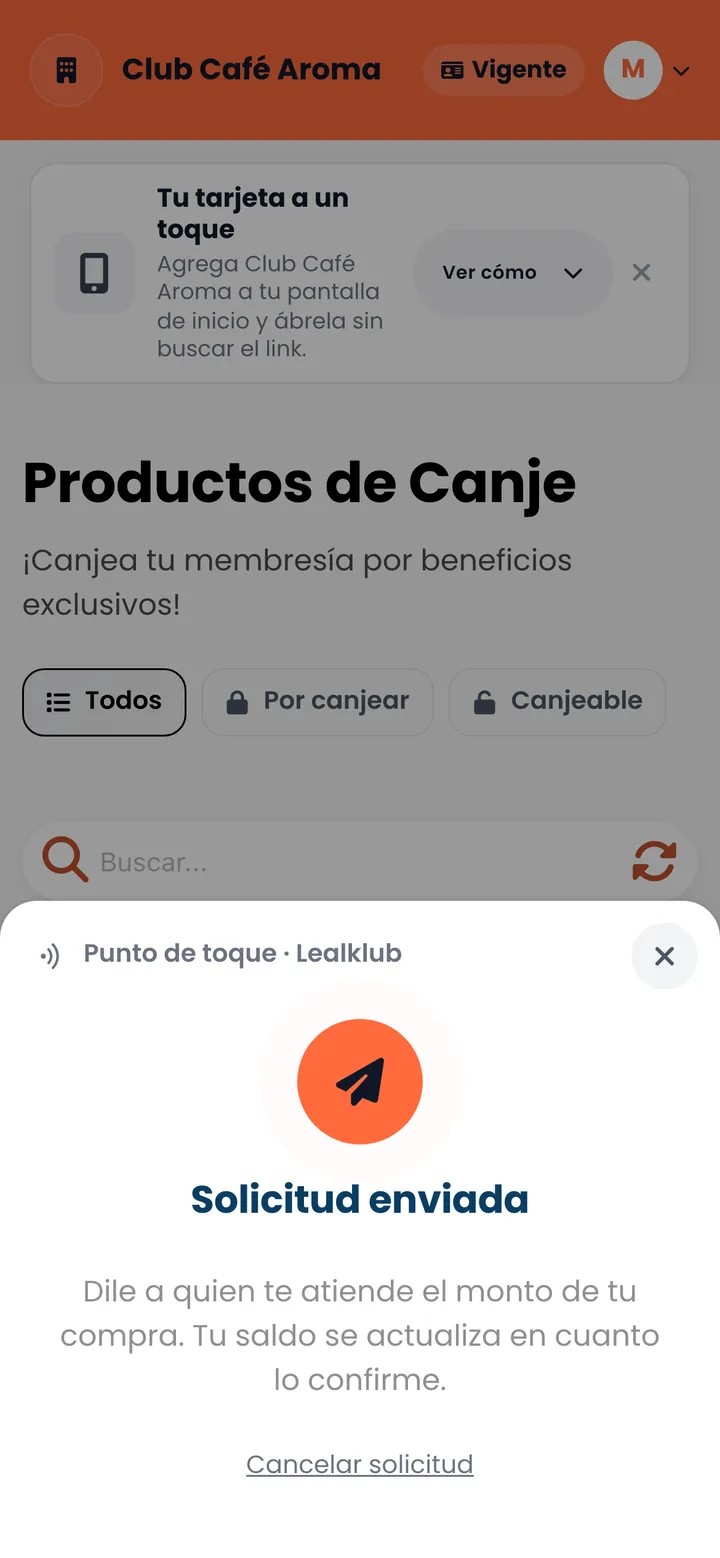 Portal del cliente con el aviso «Solicitud enviada»