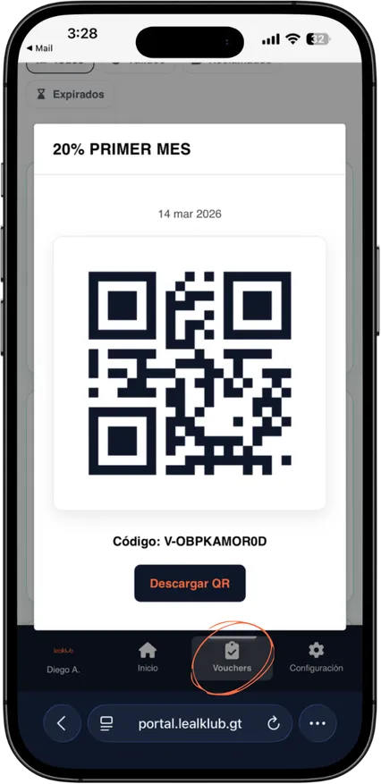 Pantalla de voucher con QR