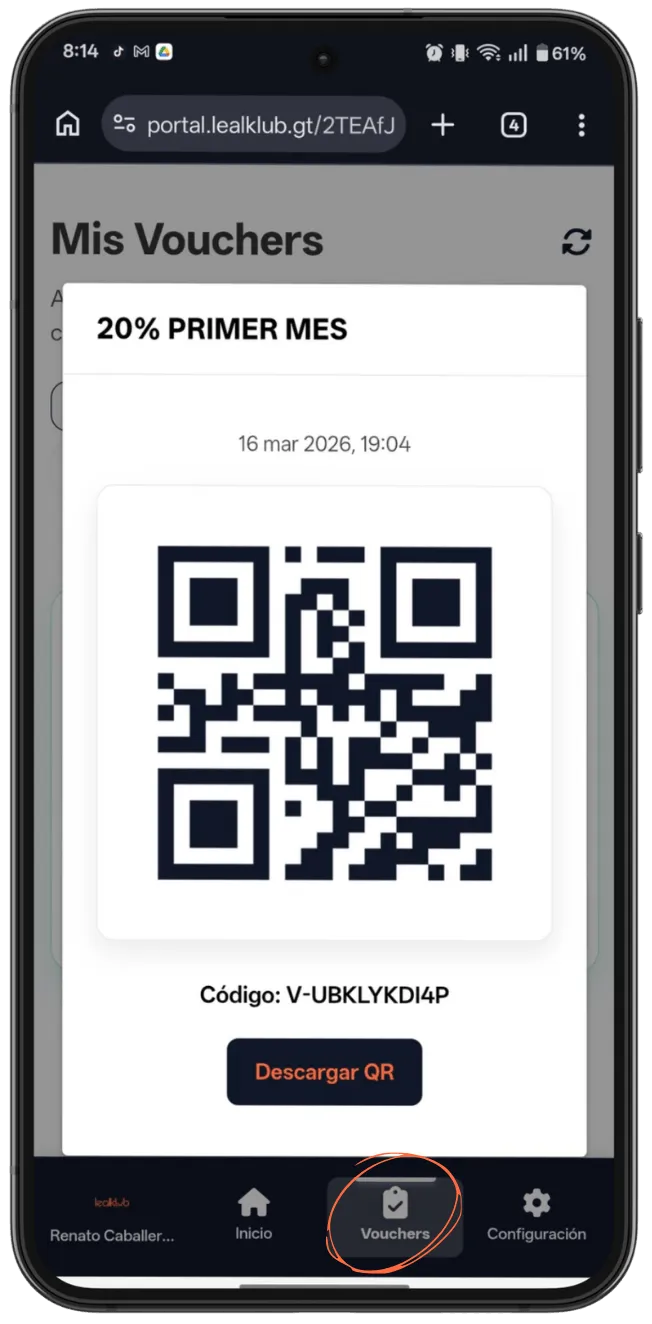 Pantalla de voucher con QR