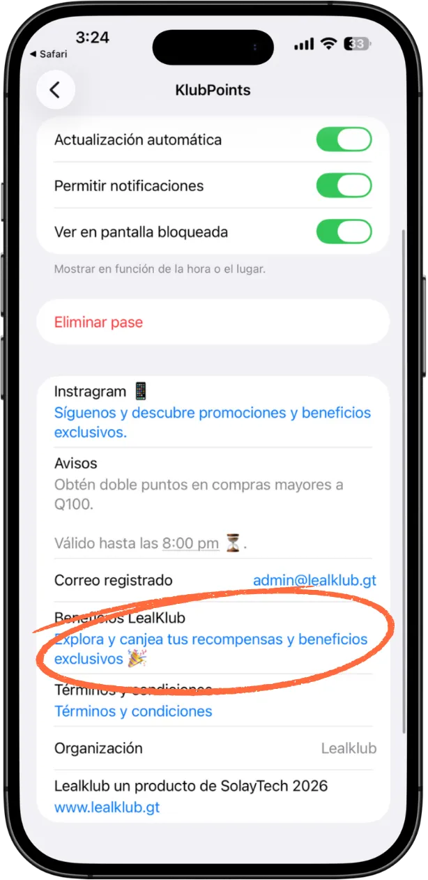 Menú del pass con enlace